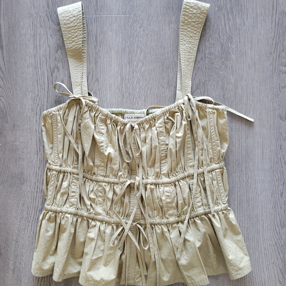 ULLA JOHNSON Lulu Beige Smocked Ruched Ruffle Tie Peplum Top Sz 6 Revolve Khaki - Picture 2 of 9
